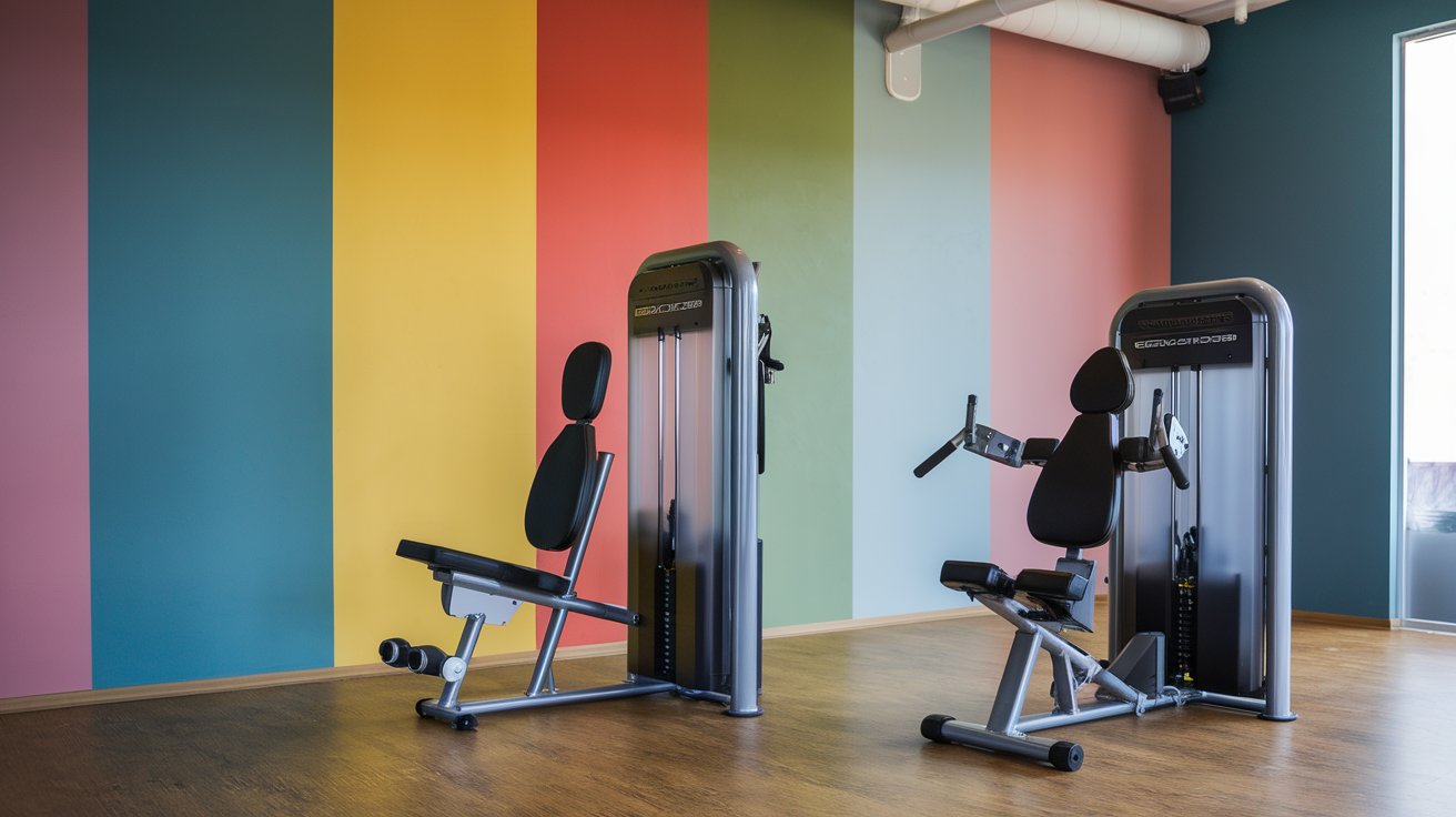 gym with a colorful wall and sleek gym stationary machines for stationary exercises