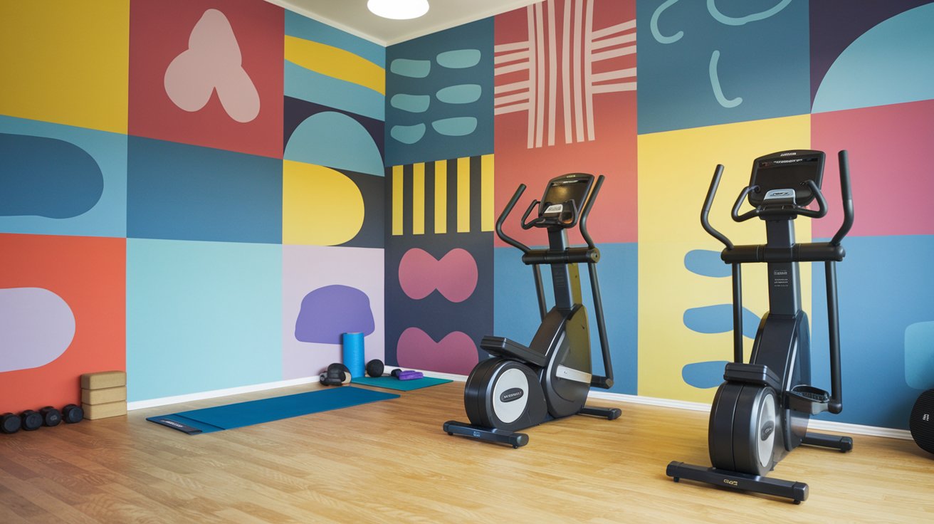 indoor room gym with a colorful wall stationary machines for stationary exercises